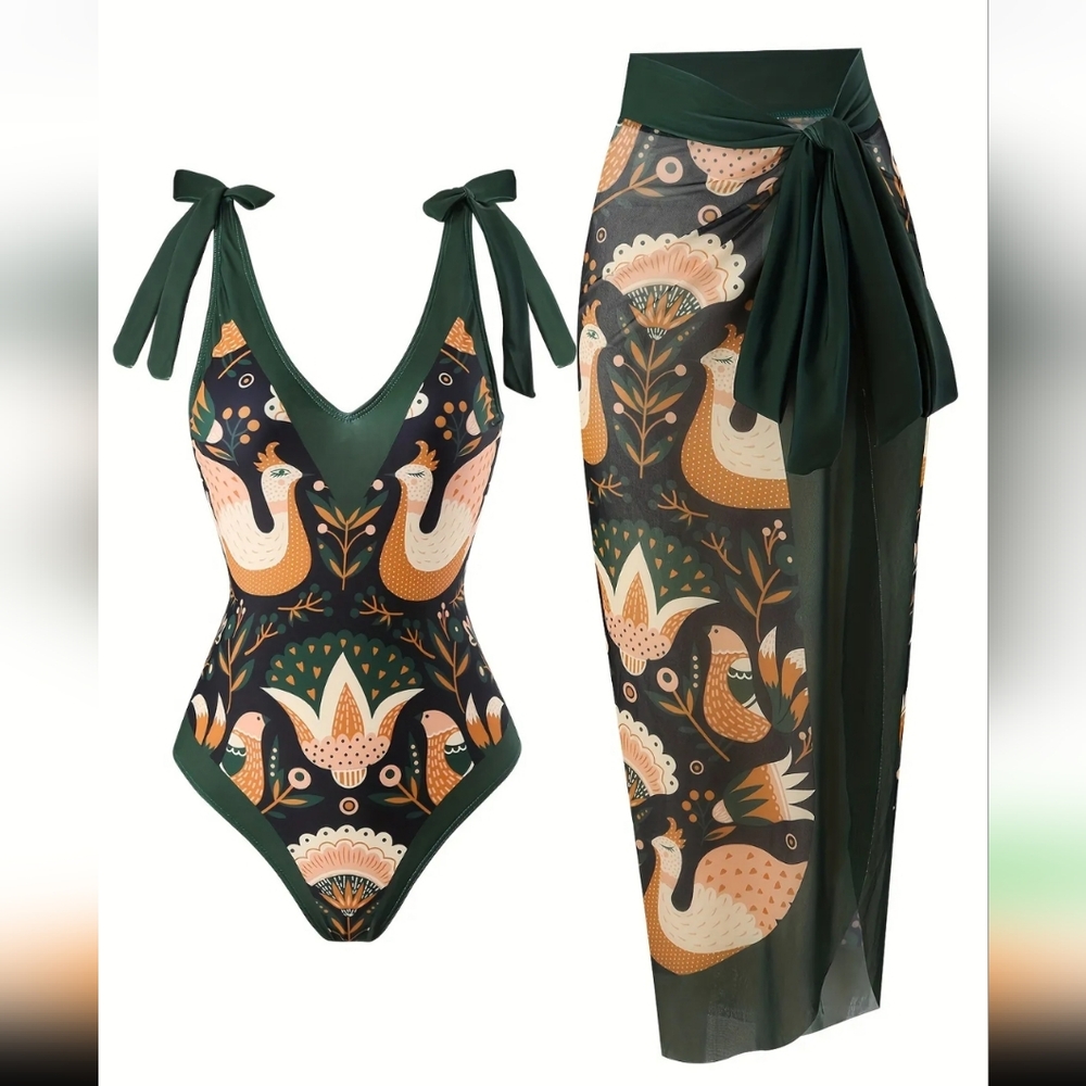 Green Peacock Print Swimsuit and Cover-Up Set